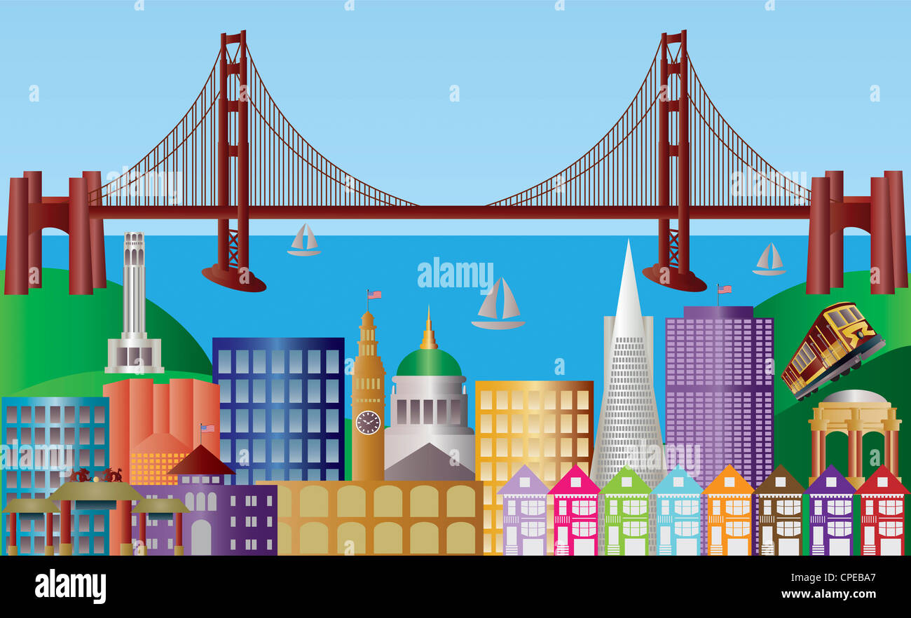 San Francisco California City Skyline with Golden Gate Bridge and