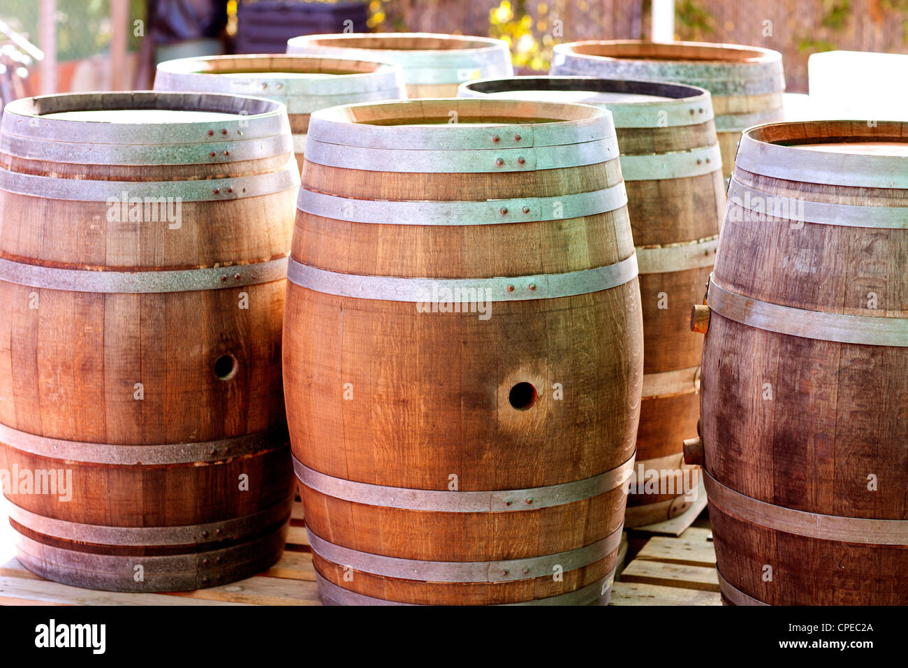 barrels of oak wood for wine or liquor in a row Stock Photo