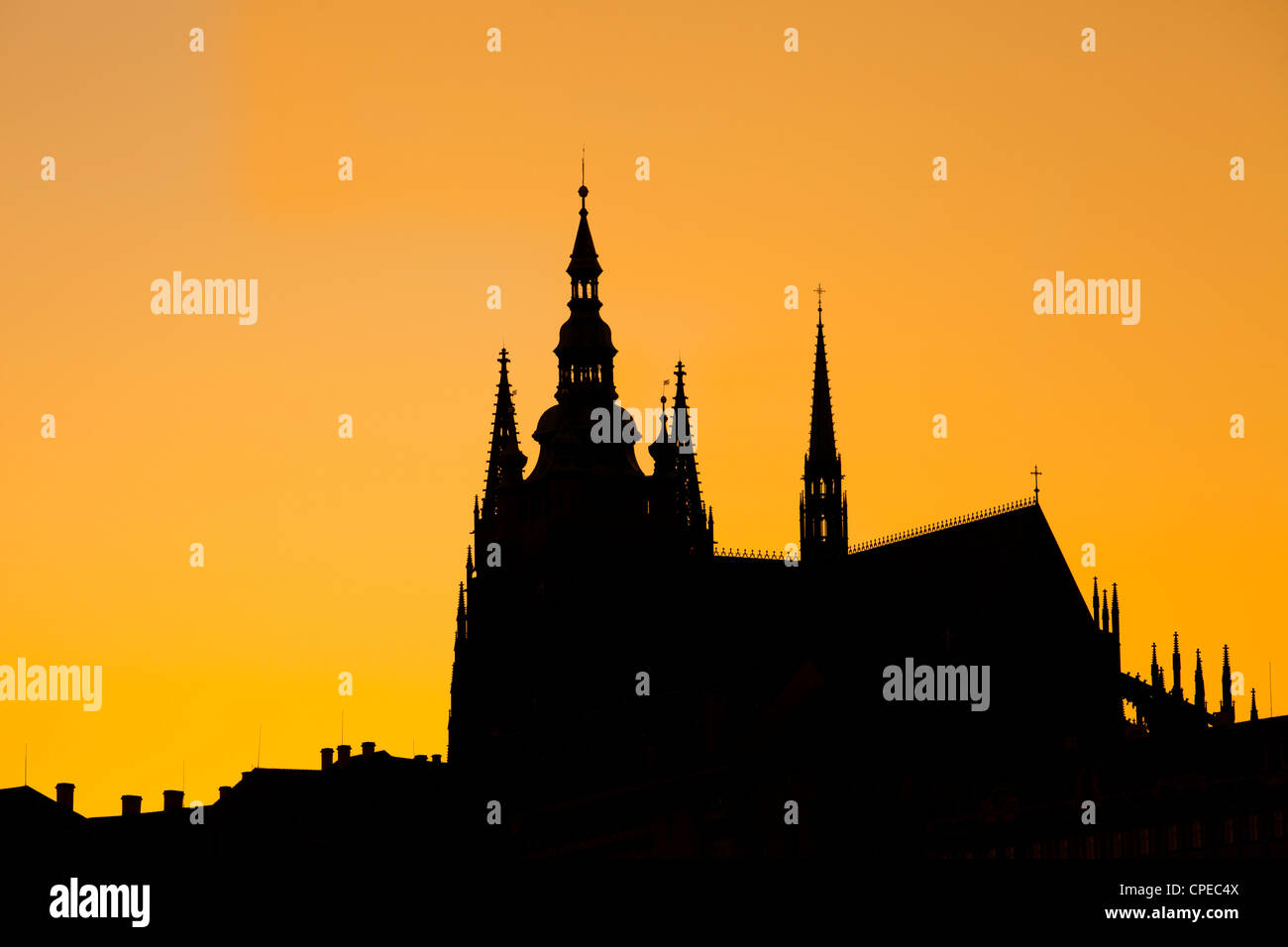 Silhouette of Saint Vitus Cathedral at sunset. Prague, Czech Republic. Stock Photo