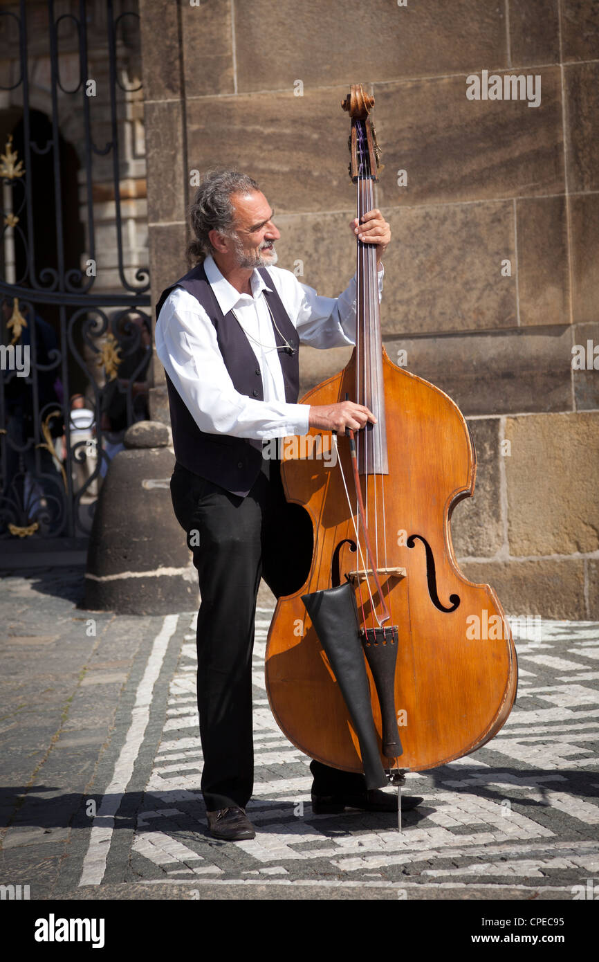 Musician playing string bass. Prague, Czech Republic. Stock Photo