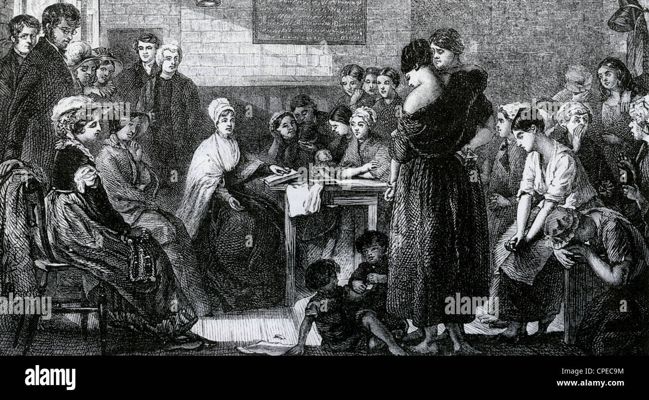ELIZABETH FRY (1780-1845) English social reformer visiting a womens' prison drawn in 1871. Stock Photo