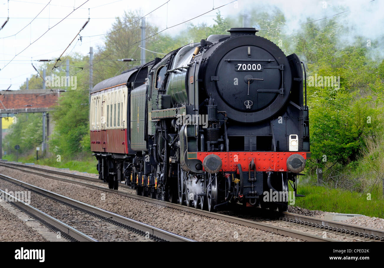 The 7000 Britannia class new mainline steam locomotive on the east coast mainline south of Retford station, Nottinghamshire Stock Photo