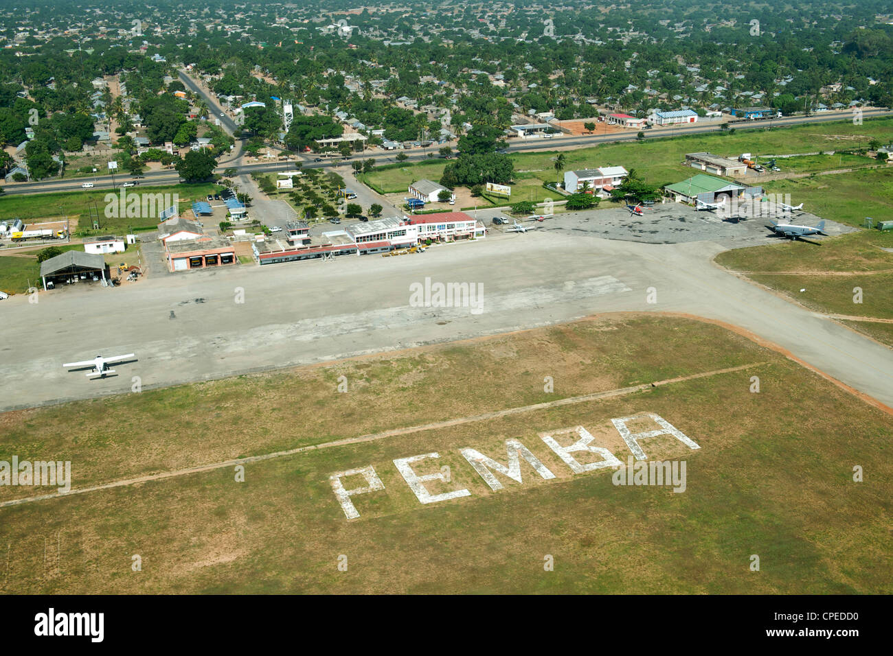 Aerial view of Pemba airport in northern Mozambique. Stock Photo
