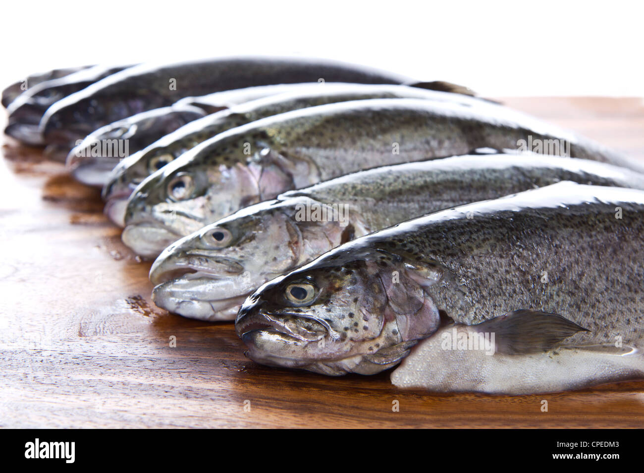 Fresh fish heads in a row on dark walnut board Stock Photo Alamy