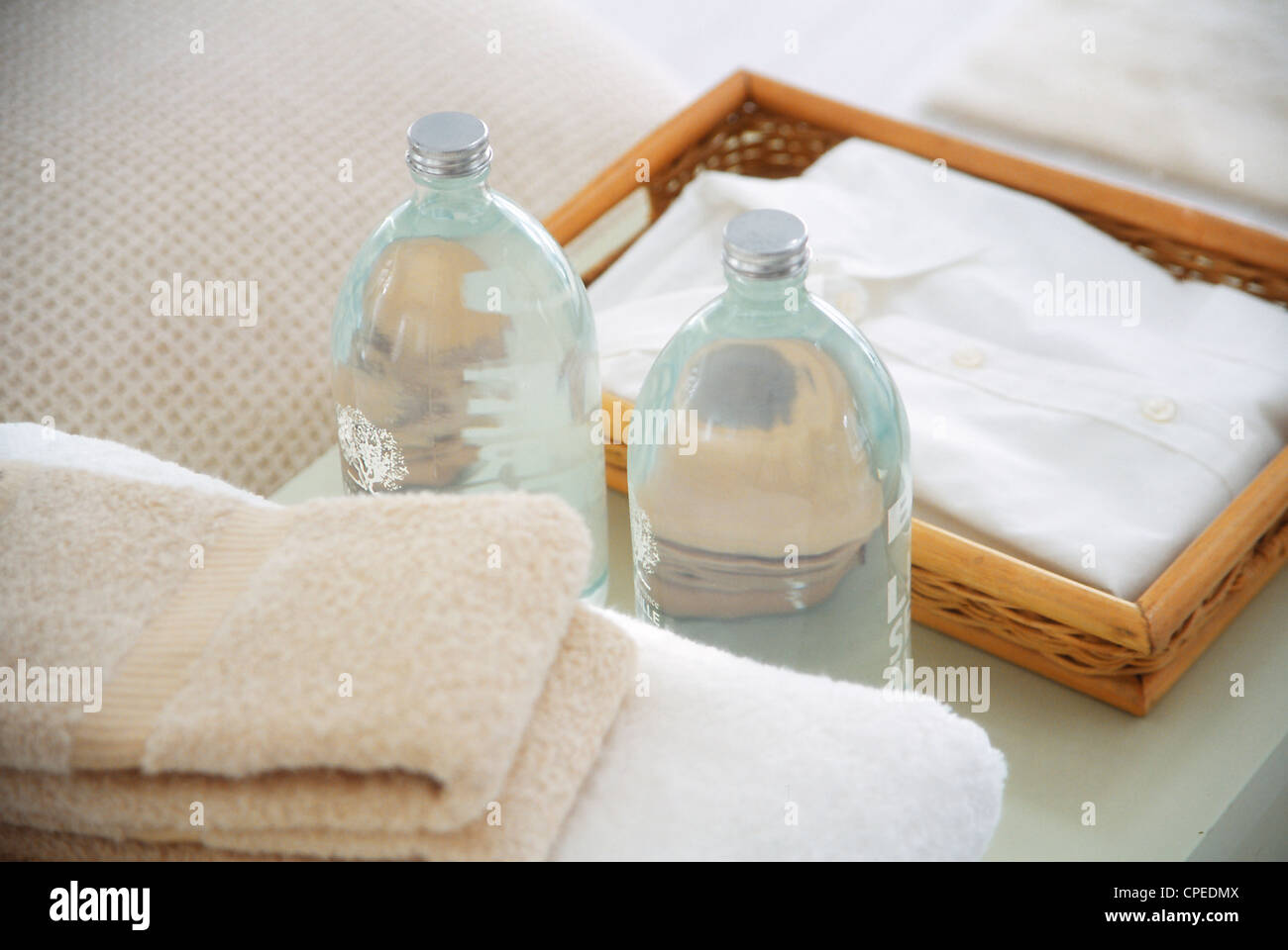 Bath Towel, Bottles And Shirt Stock Photo