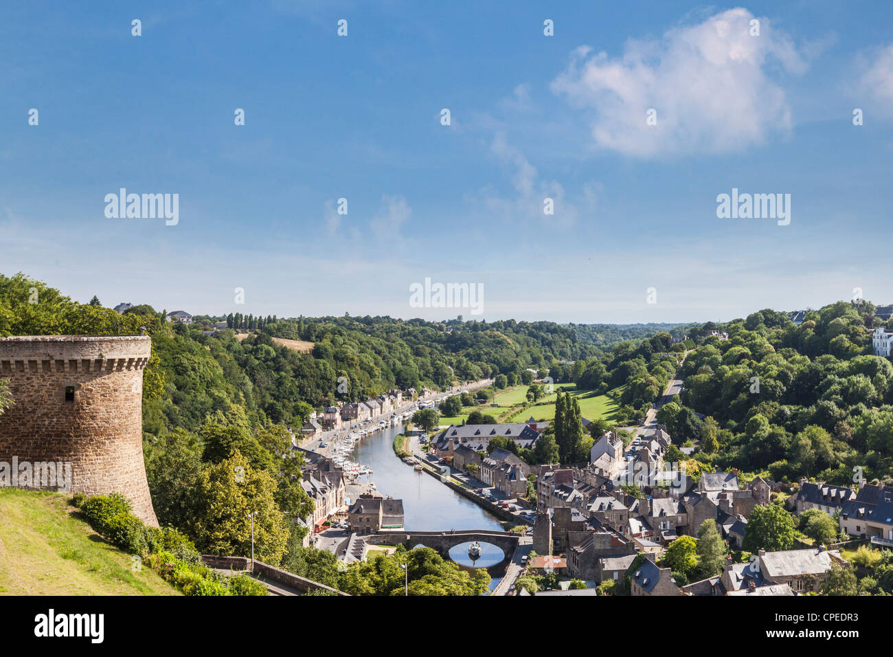 The picturesque medieval port of Dinan on the Rance Estuary, Brittany, France, seen from the walls of the fortified city. Stock Photo