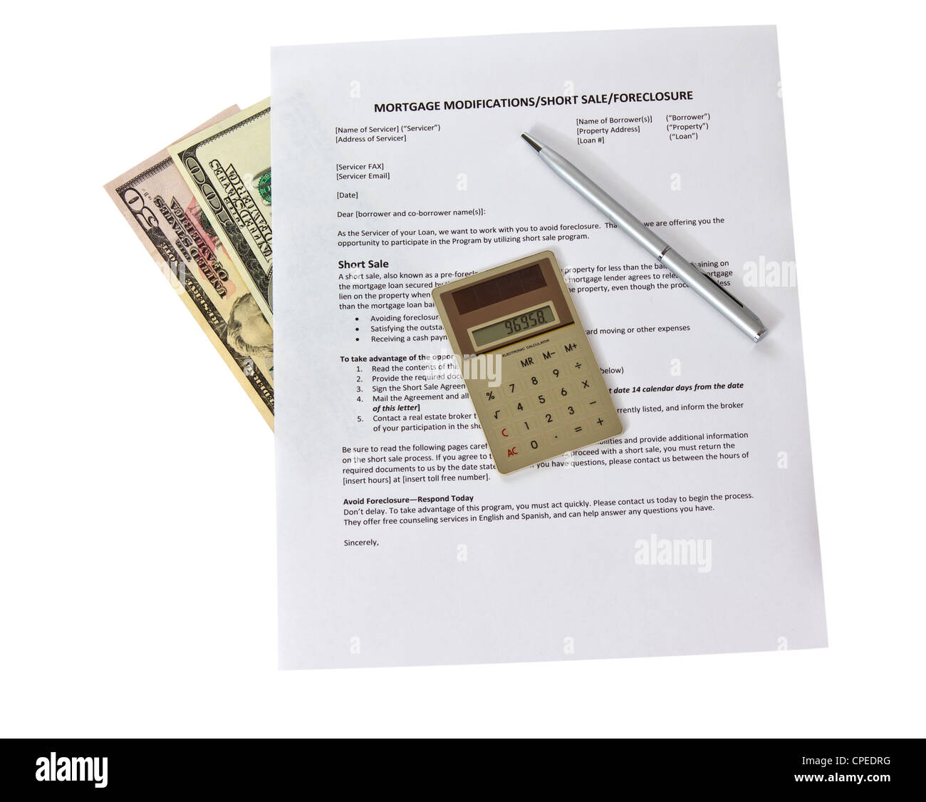 Mortgage modification form with calculator and pen on white background Stock Photo
