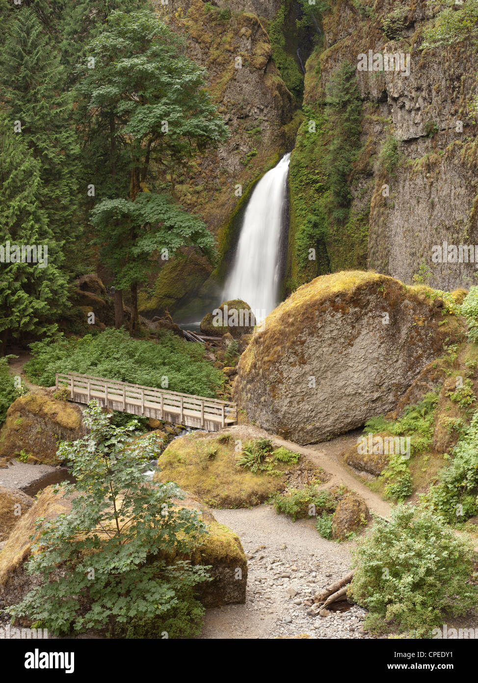 Wahclella Falls and bridge. Columbia River Gorge, Oregon. Stock Photo