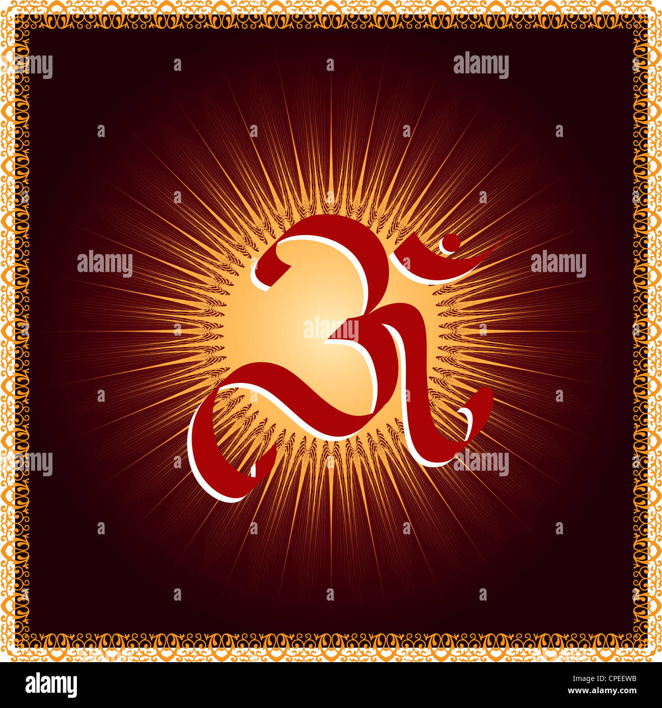 Divine OM symbol on powerful sun rays Stock Photo