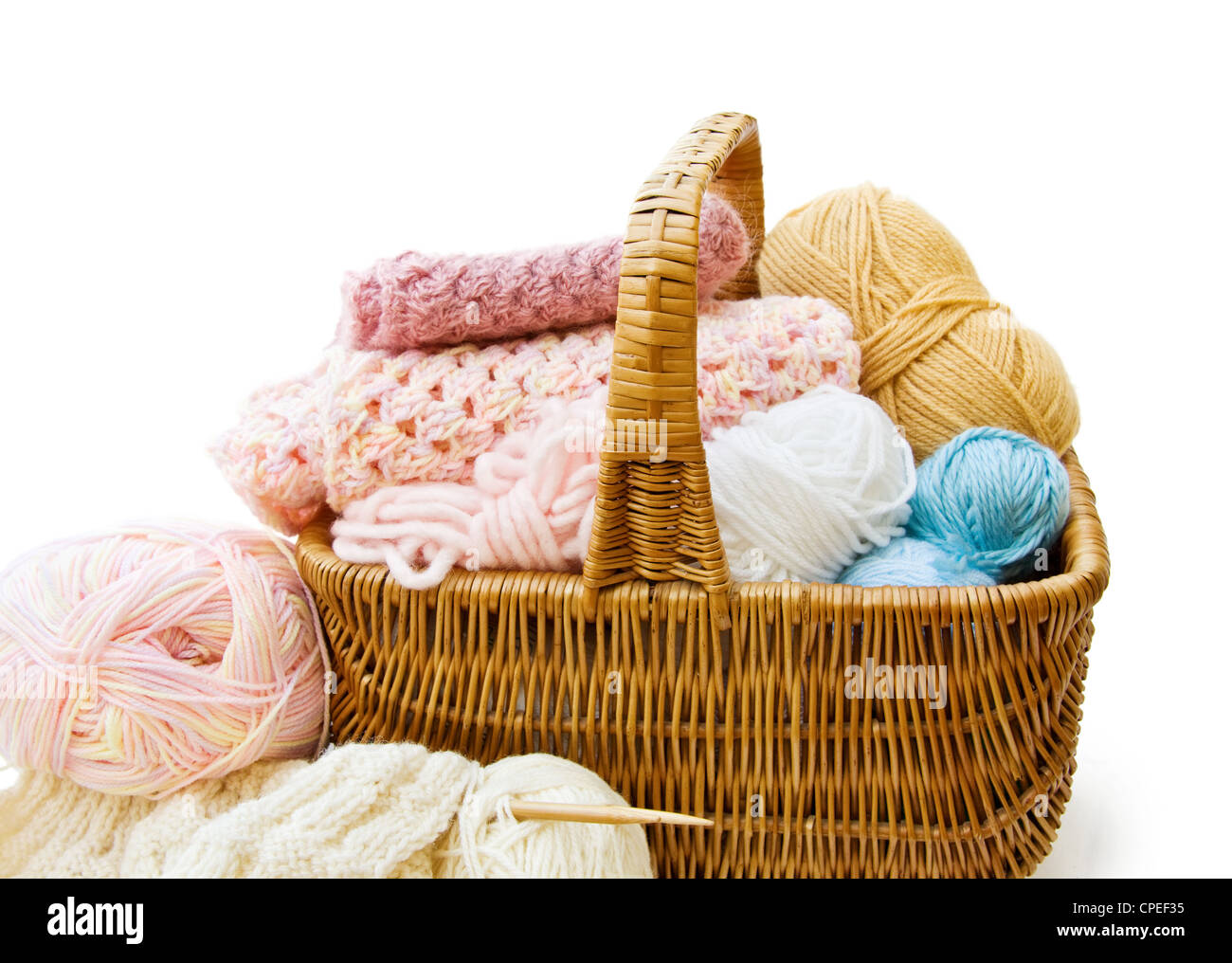 Knitting basket with colorful yarn and needles. Isolated over white ...