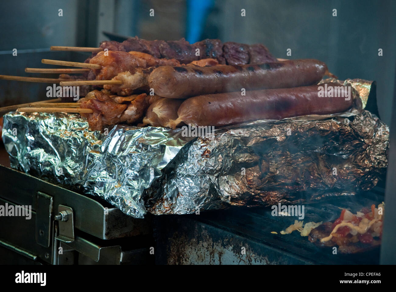Close up of grilled hot dog vendors cart, NYC, Manhattan. Stock Photo