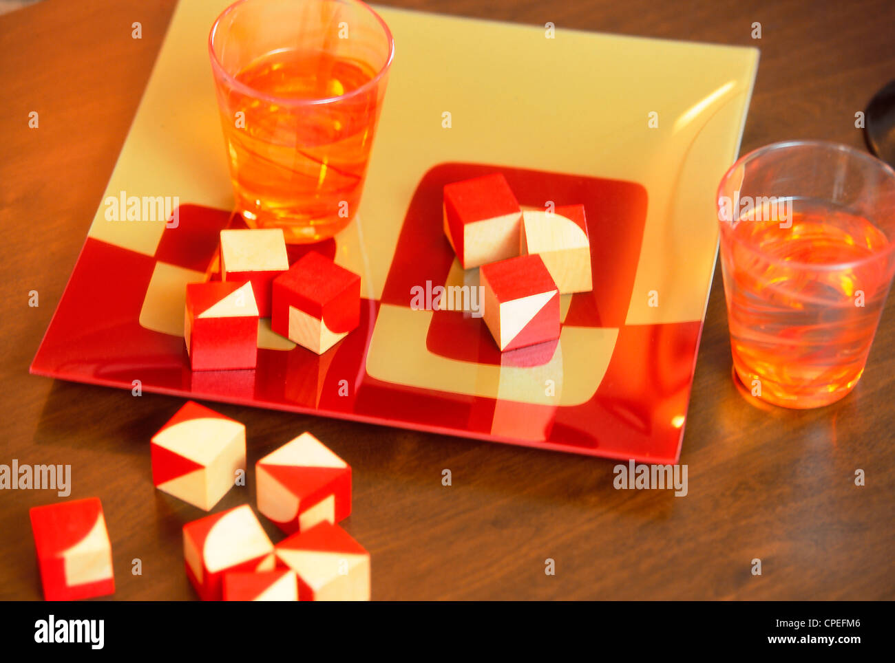 Drinking Glass, Tray And Cubes On Table Stock Photo