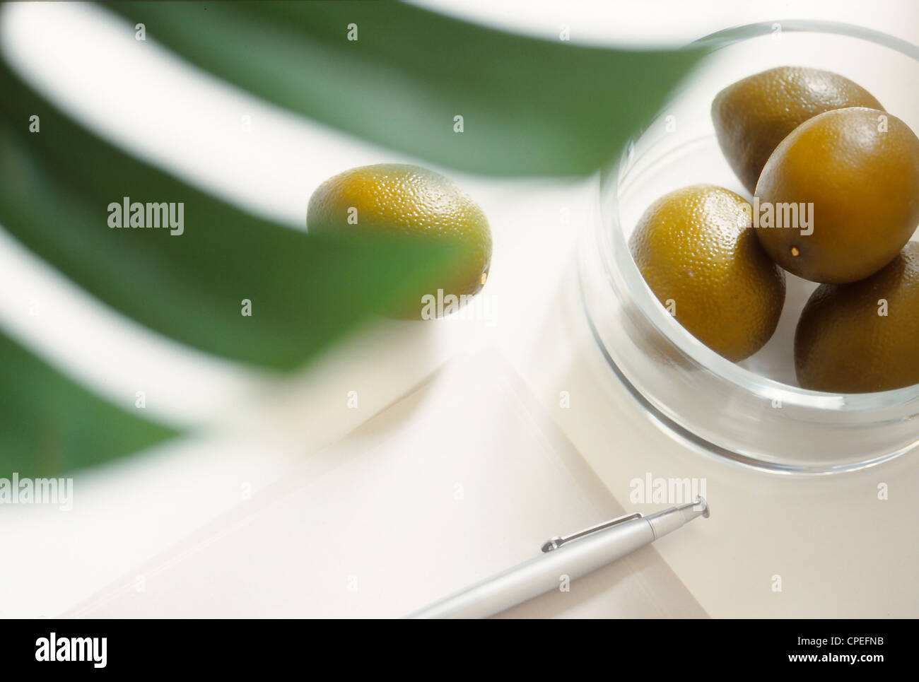 Fruits In Glass Bowl And Pen Stock Photo