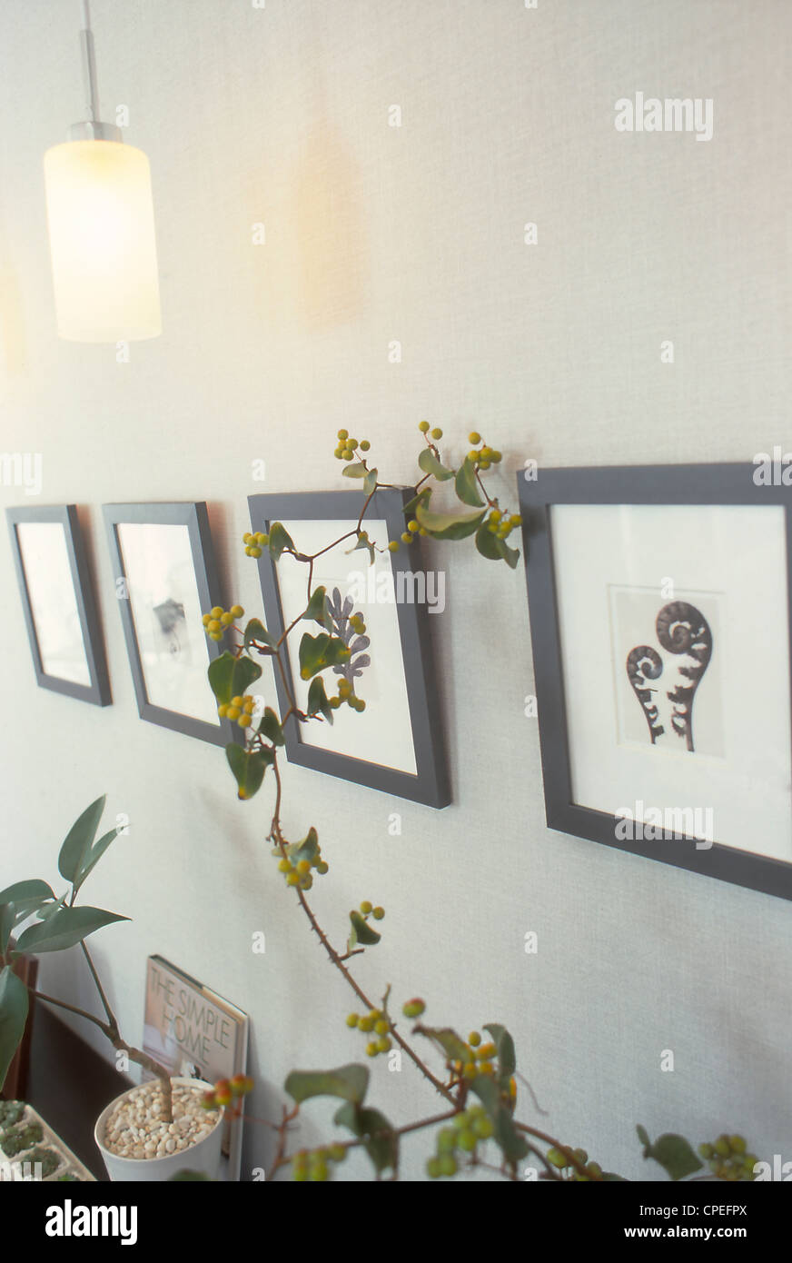 Plant And Picture Frames With Illuminated Lamp Stock Photo