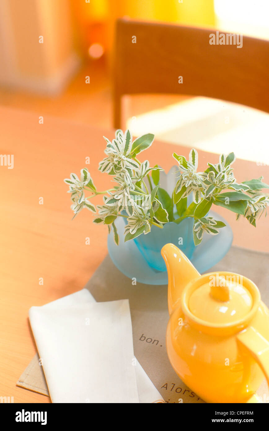 Teapot Alongside Potted Plant And Tissue Paper Stock Photo