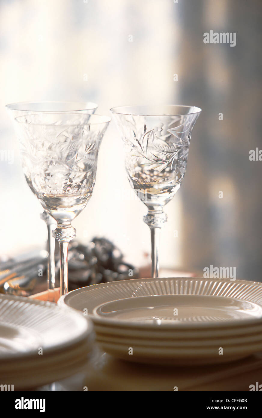 Empty Drinking Glasses And Plates Stock Photo