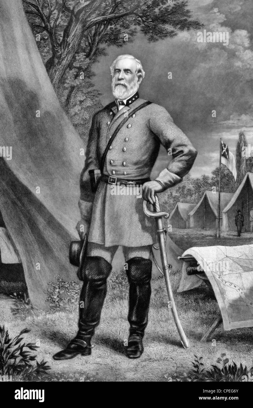 General Robert E. Lee, full-length portrait, standing in camp, facing left; in uniform, circa 1863 Stock Photo