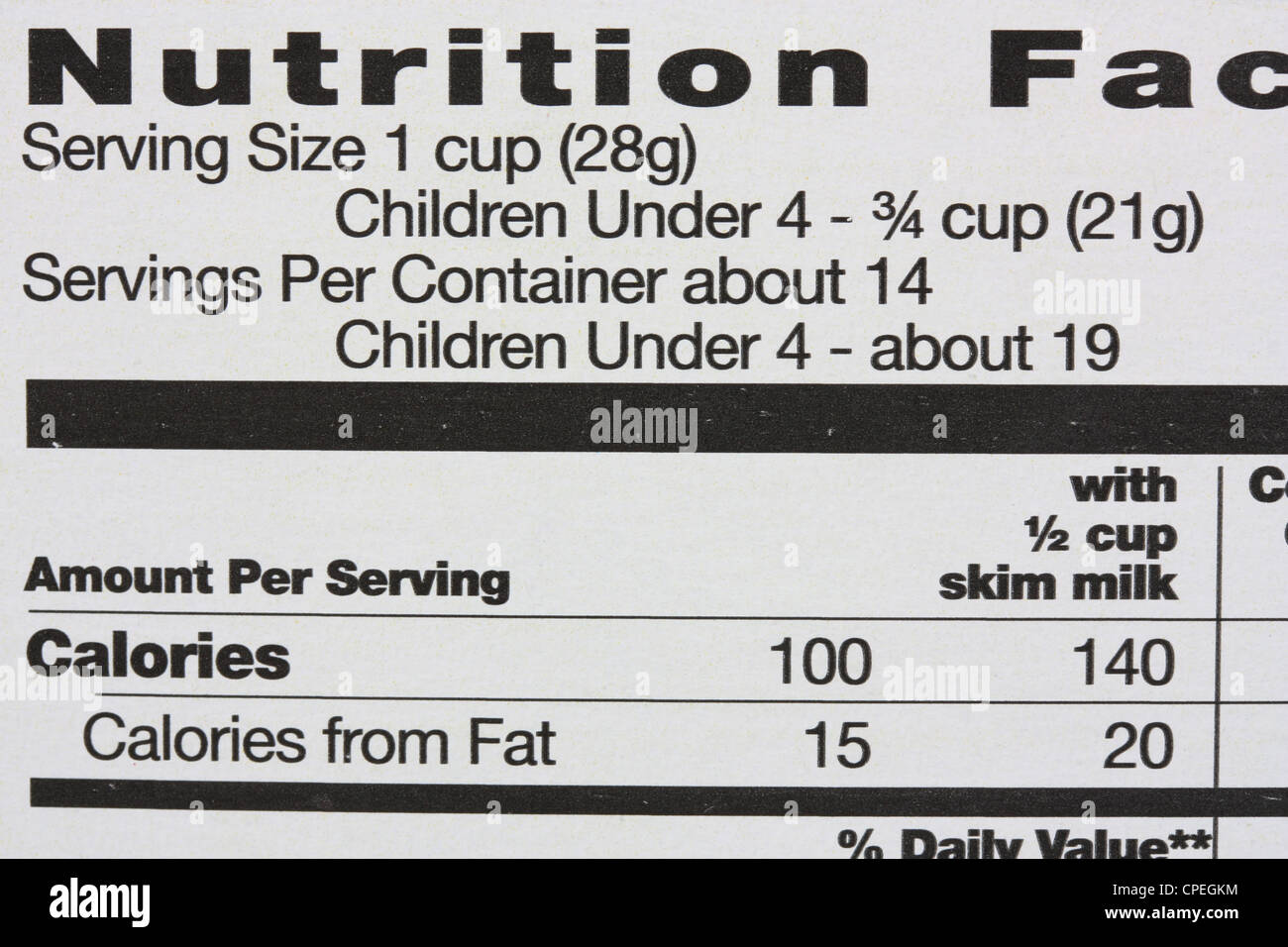 Nutritional information panel on the side of a box Stock Photo