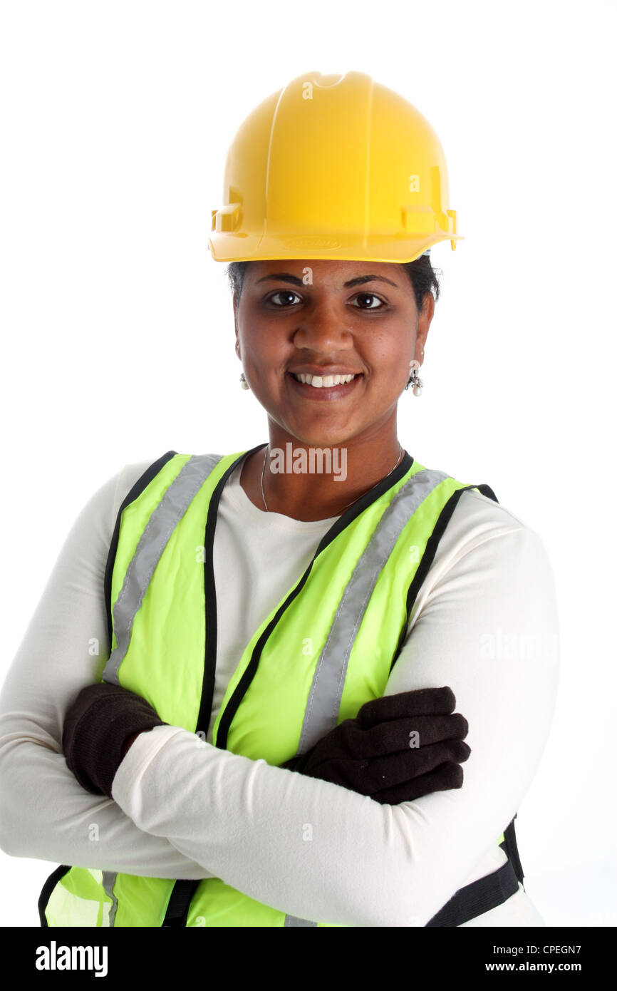 Minority woman construction worker on a white background Stock Photo ...