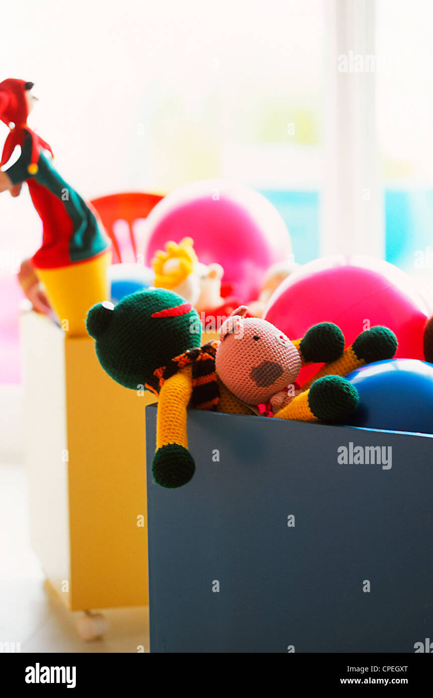 Box With Full Of Soft Toys Stock Photo