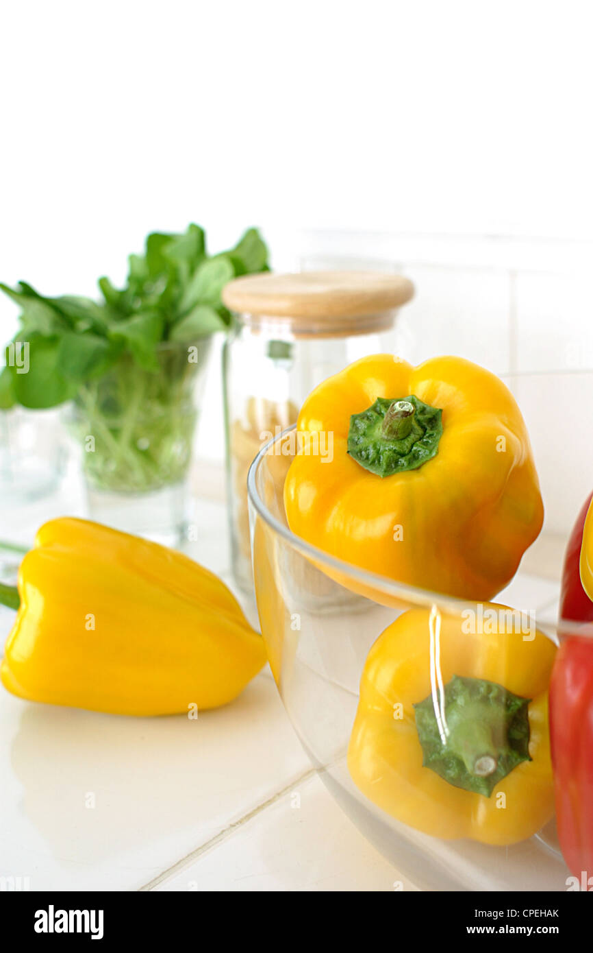 Yellow Bell Pepper In Glass Bowl Stock Photo