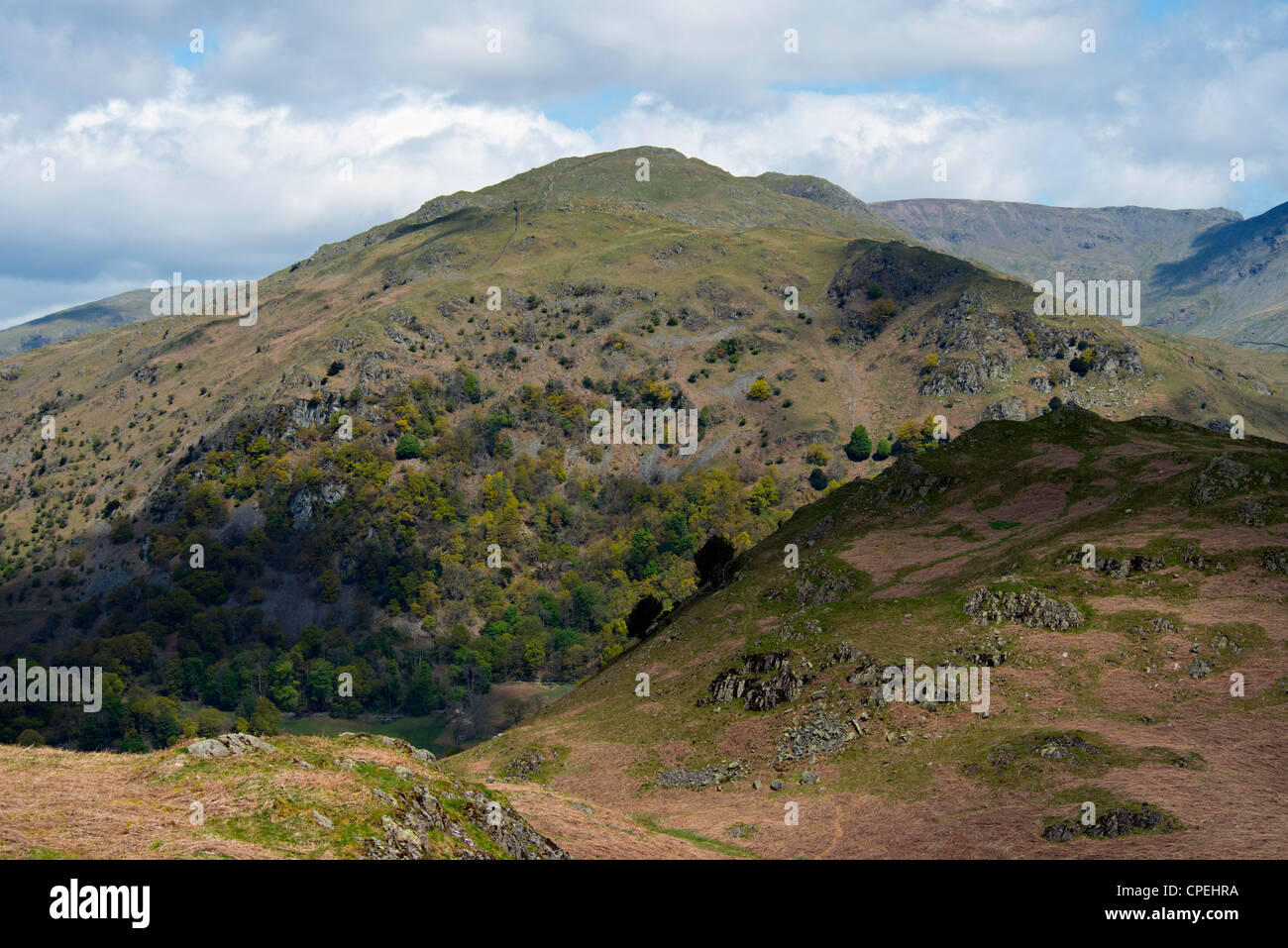 Nab Scar and Fairfield from Loughrigg Fell. Skelwith, Lake District National Park, Cumbria, England, United Kingdom, Europe. Stock Photo