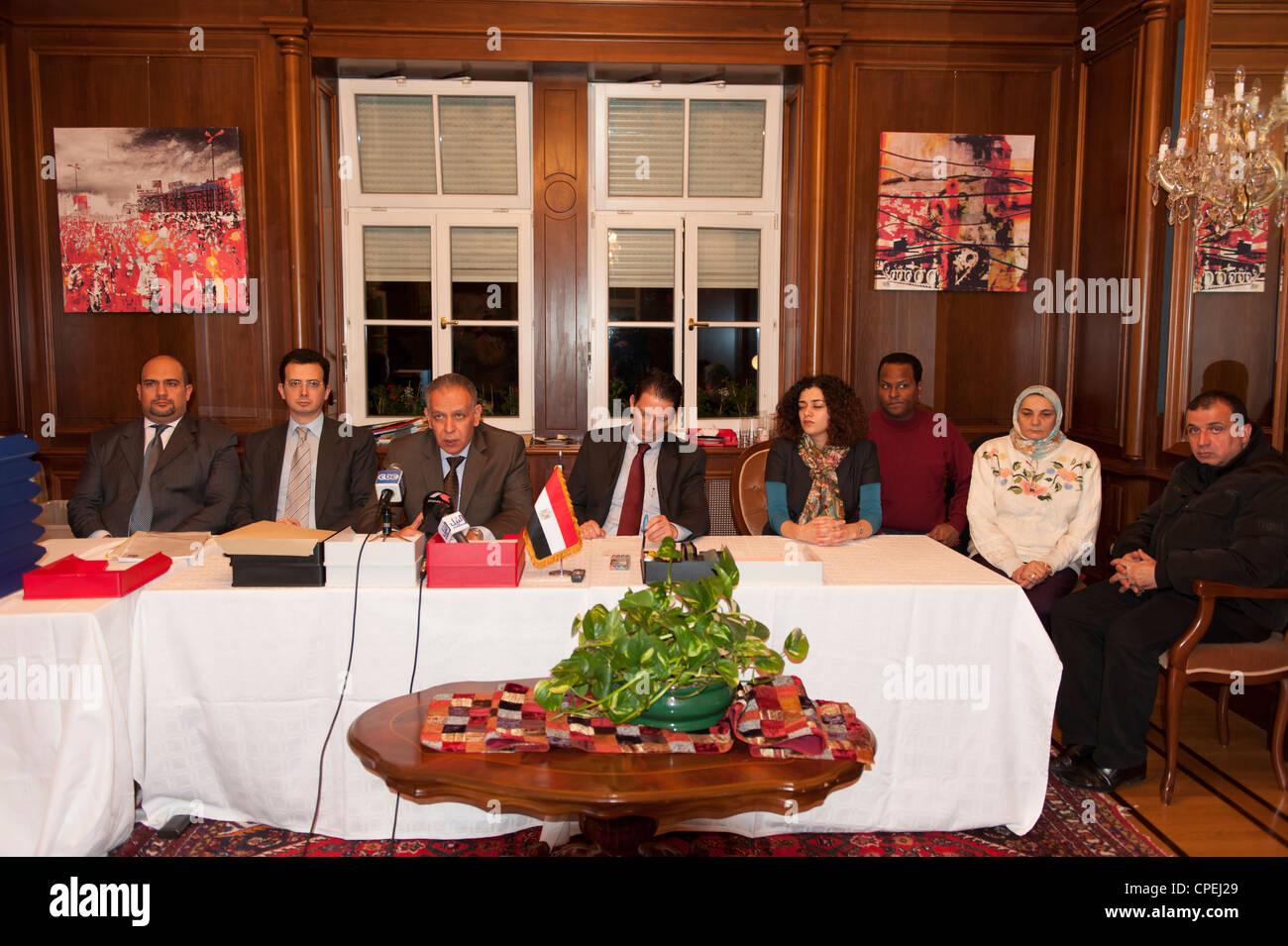 Ambassador Khaled Shama reads the final results of the Egyptian presidential elections in the Austrian Embassy on May 18 2012. Stock Photo