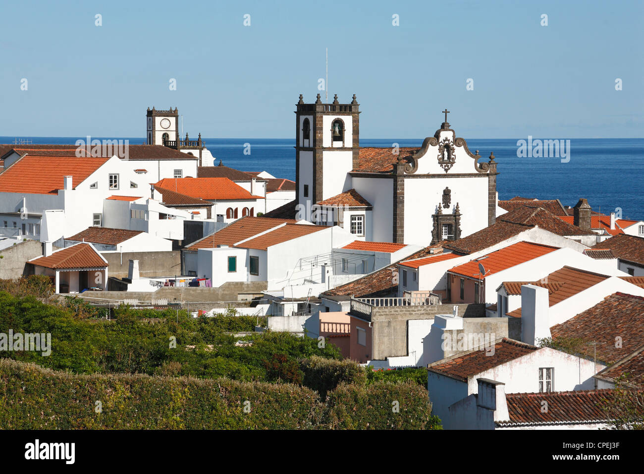 Houses and churches in the town of Vila Franca do Campo. Sao Miguel