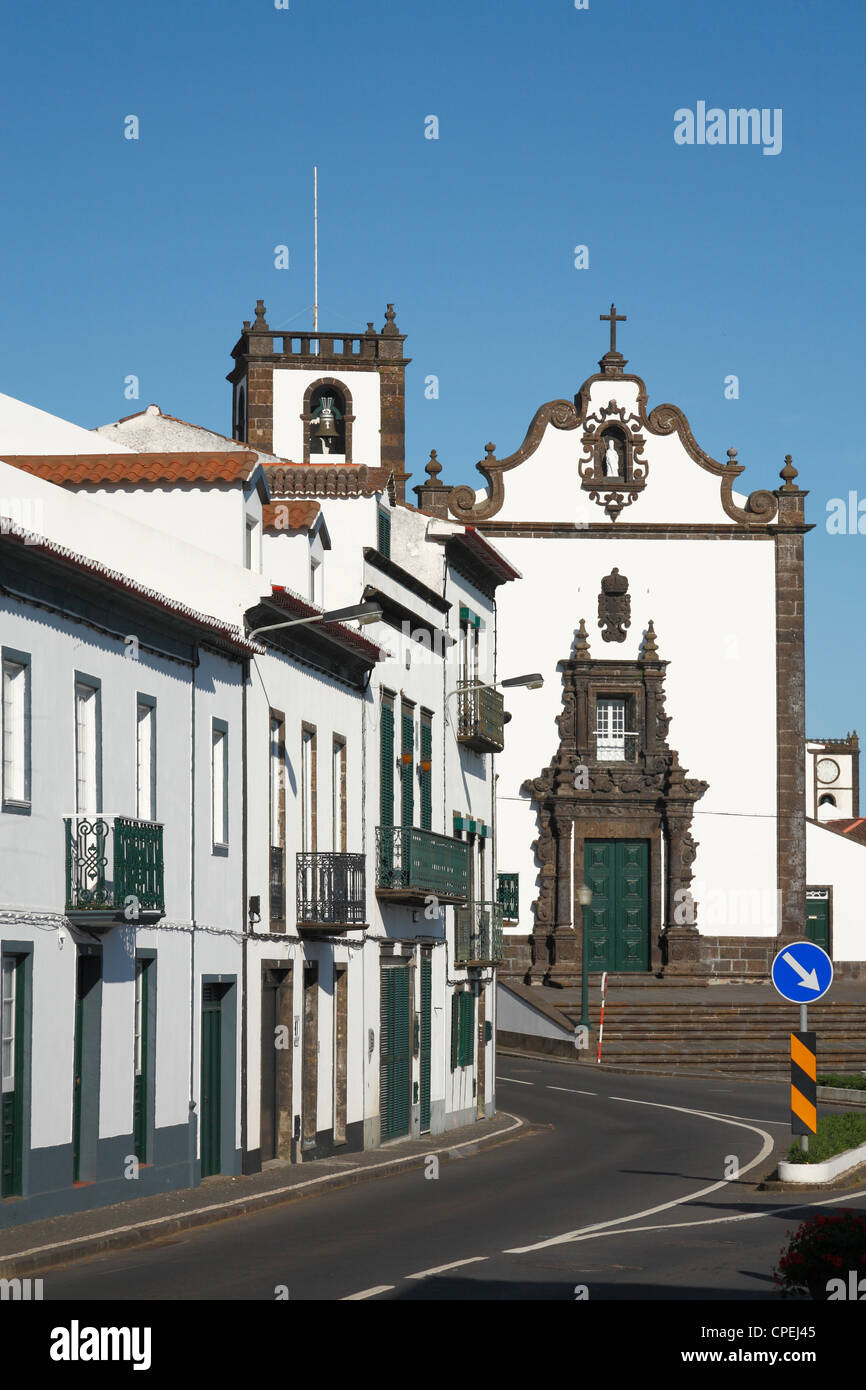 Houses and church, in the town of Vila Franca do Campo. Sao Miguel island, Azores, Portugal. Stock Photo