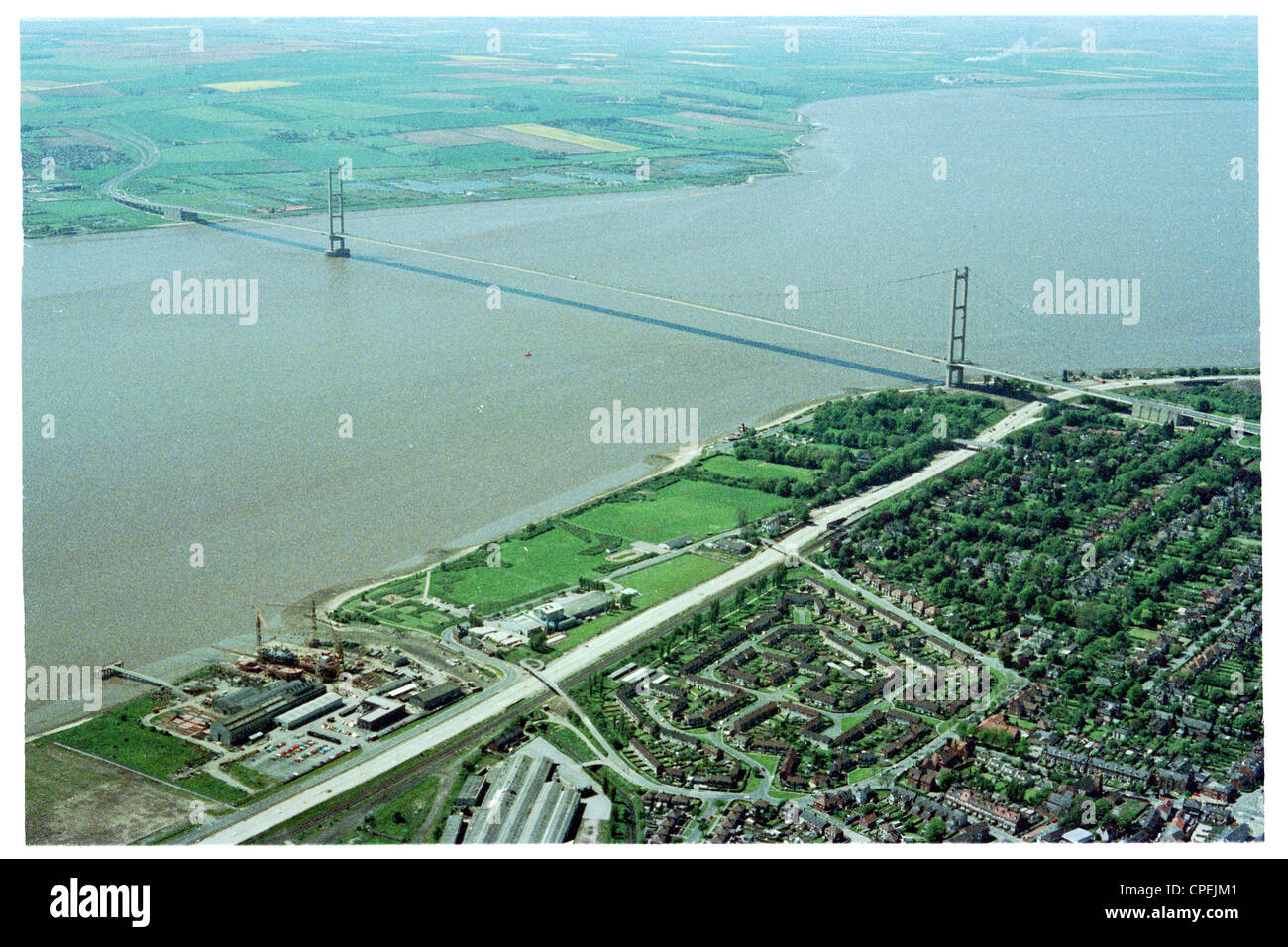 oblique aerial view of the humber bridge humber bridge taken looking due north east with the south tower on the right hand side Stock Photo