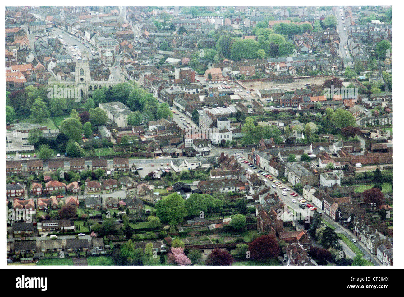 oblique aerial view of Beverley town centre looking south, with north bar in foreground and St Mary's in middle distance Stock Photo