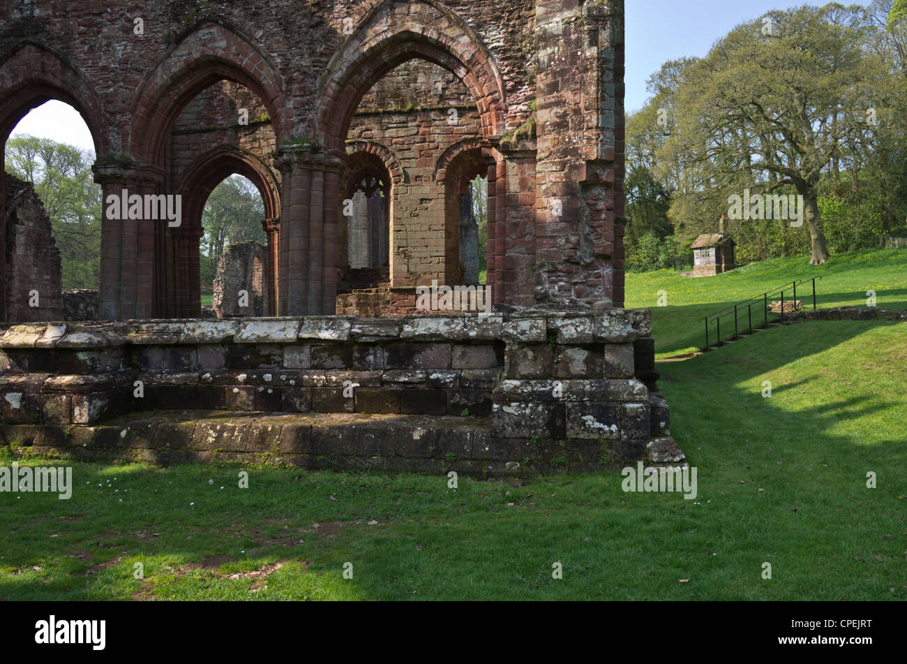 View of Furness Abbey ruins Barrow in Furness in early summer with blue sky Stock Photo