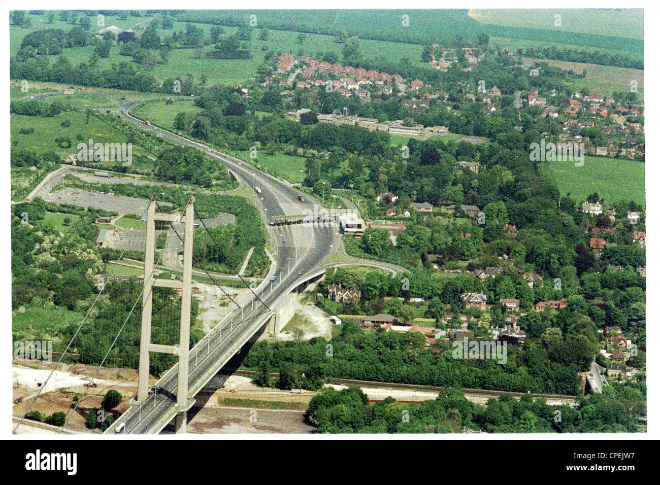 oblique aerial view of the north tower of the humber bridge which was first opened to the traffic shortly before this photo Stock Photo