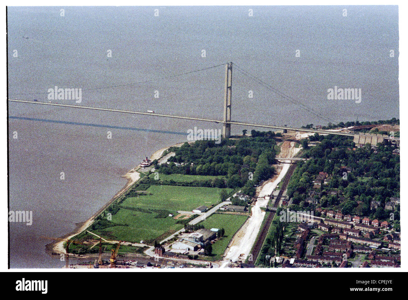 aerial view of south tower of humber bridge which spans the humber estuary Stock Photo