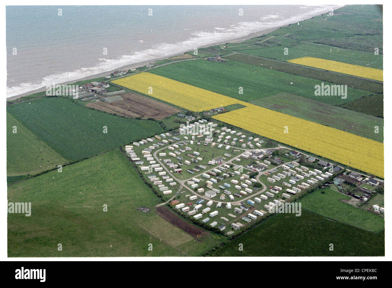 oblique aerial view of caravan park located at Cowden in east Yorkshire, moat rapidly eroding coast in the UK Stock Photo