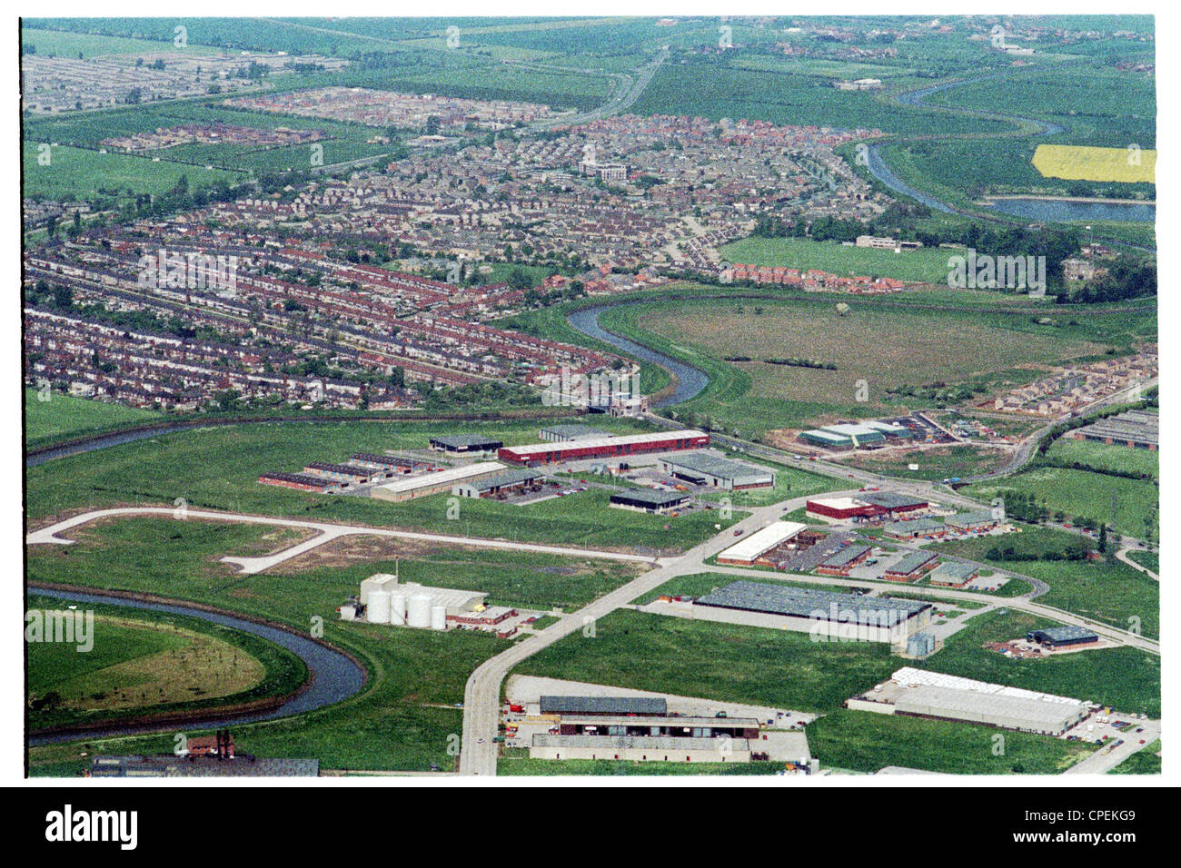 Oblique aerial view of north Hull showing Sutton Road bridge over the River Hull with residential and industrial areas Stock Photo