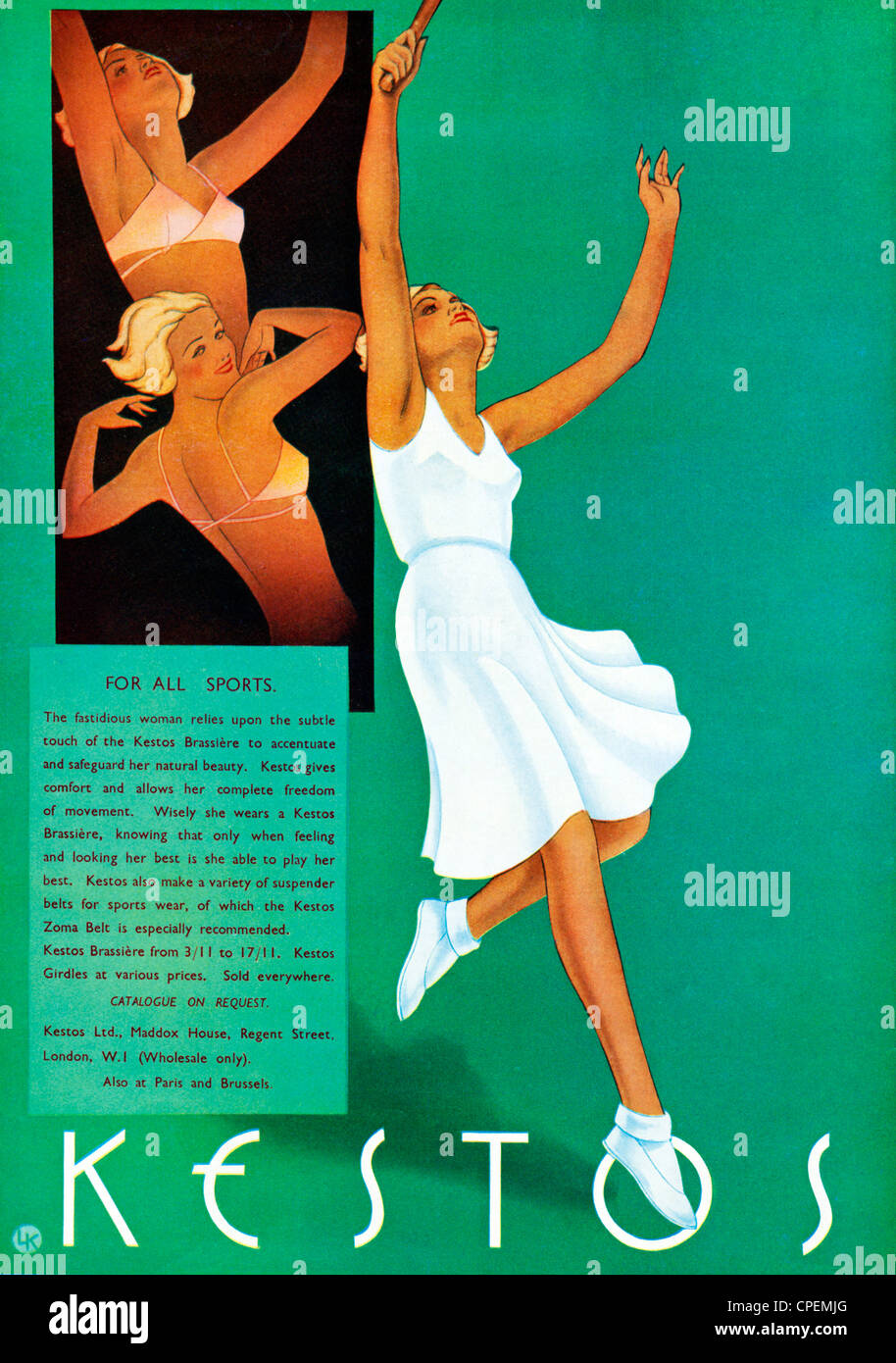 Kestos Bra, Tennis, 1932 advert for the fashionable ladies undergarments,  allowing complete freedom of movement for all sports Stock Photo - Alamy