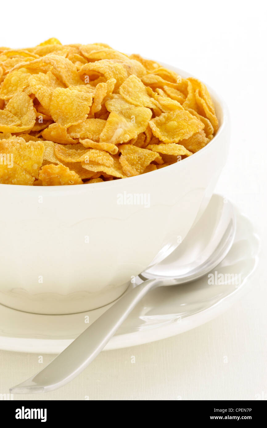 delicious and healthy corn flakes, served in a beautiful French Cafe au Lait Bowl Stock Photo