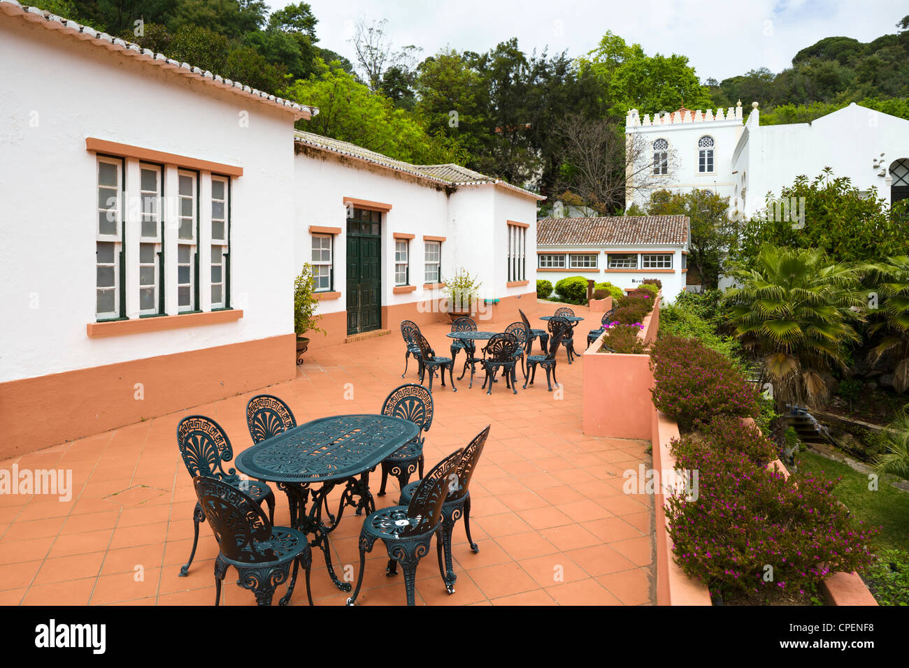 Terrace overlooking the swimming pools in the Villa Termal das Caldas de Monchique, Serra Monchique, Algarve, Portugal Stock Photo