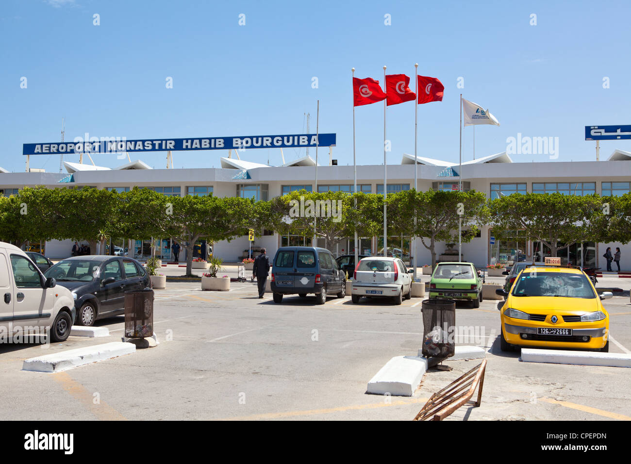 Habib Bourguiba International airport in Monastir, Tunisia. Flags on building Stock Photo
