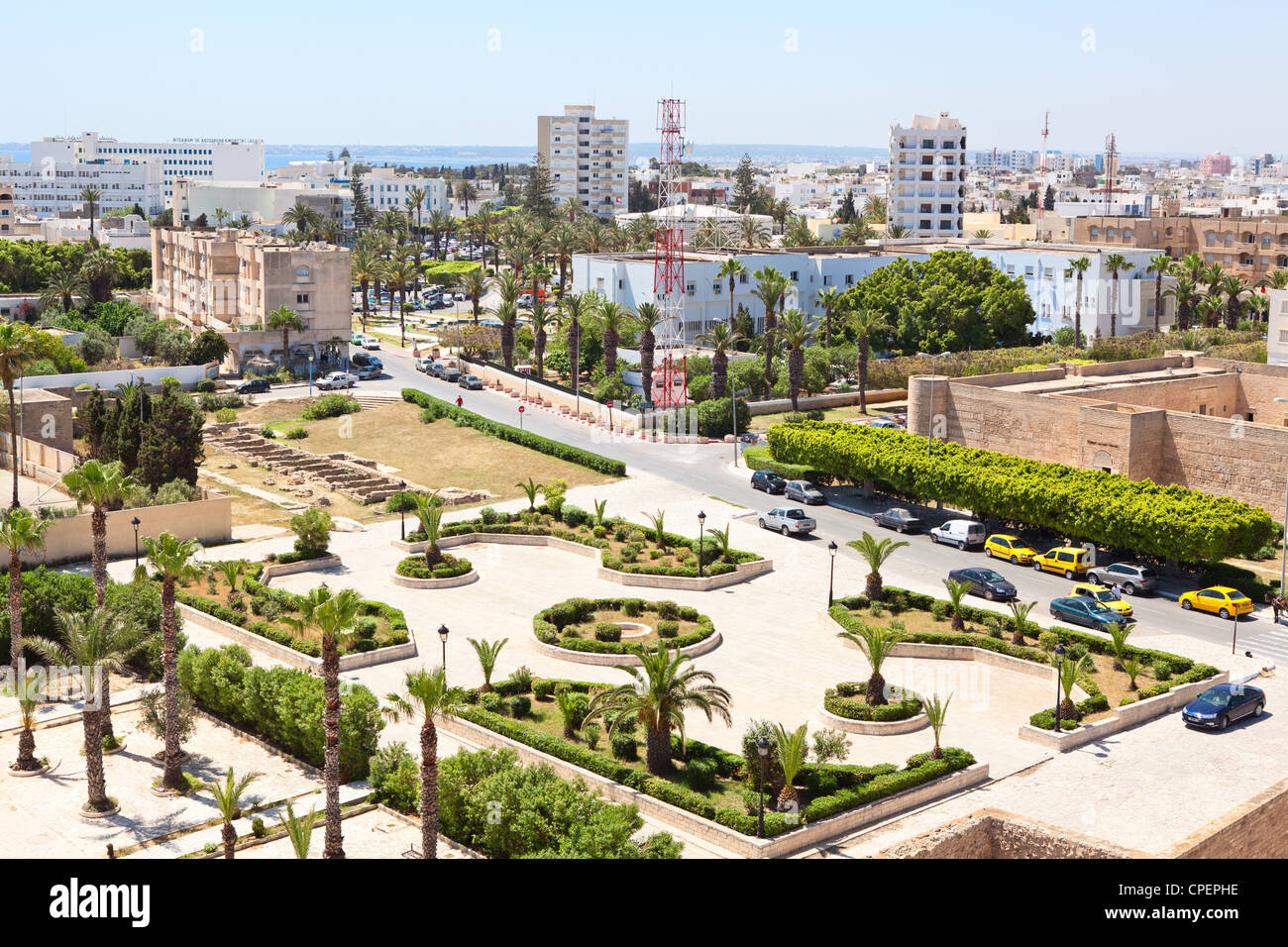 Aerial view of streets at Monastir city, Tunisia, Africa. Modern Stock