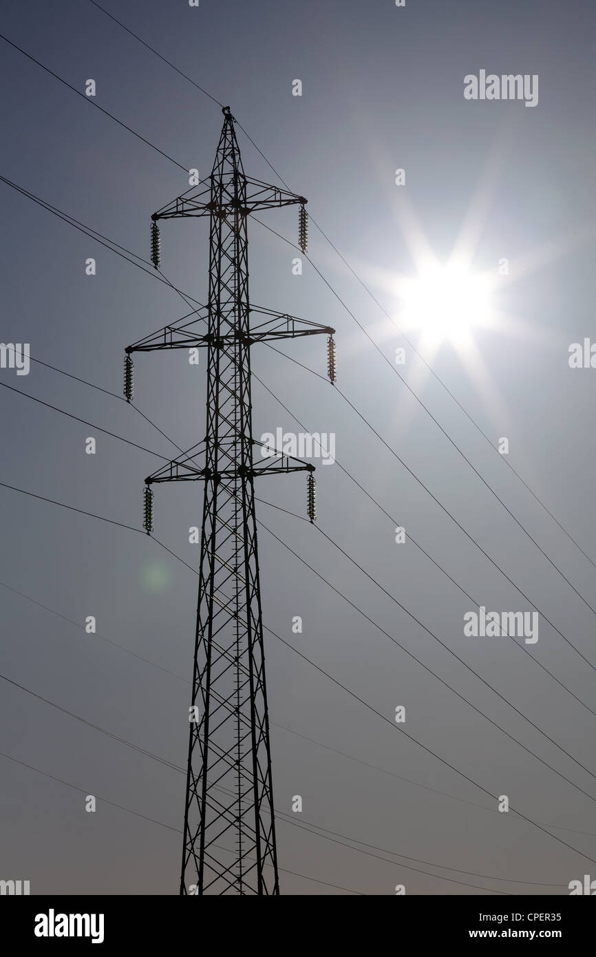 power line with sun Stock Photo