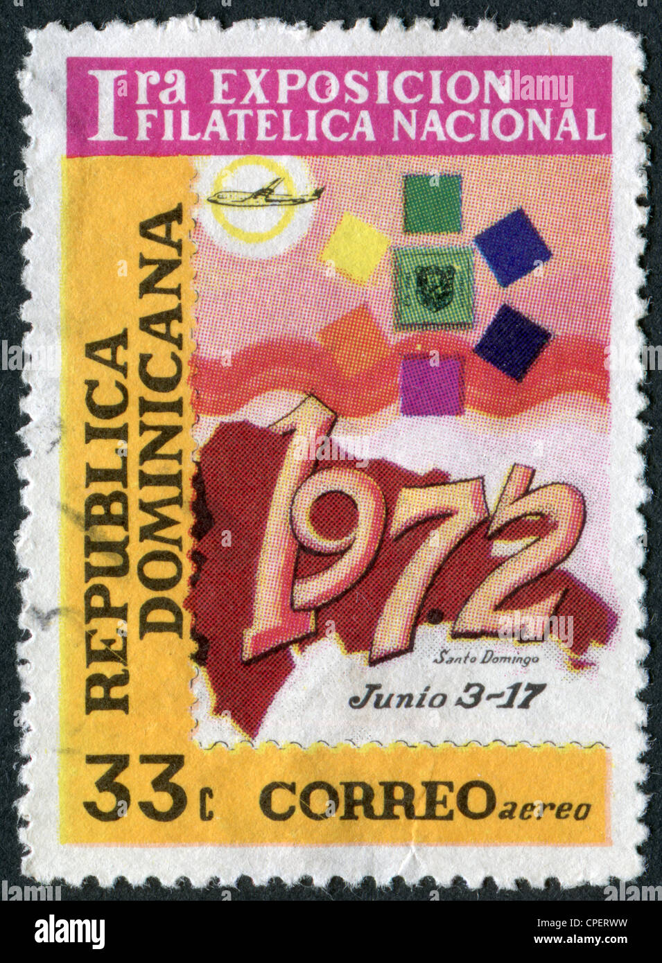 A stamp printed in the Dominican Republic, dedicated First National Philatelic Exhibition, Santo Domingo, circa 1972 Stock Photo