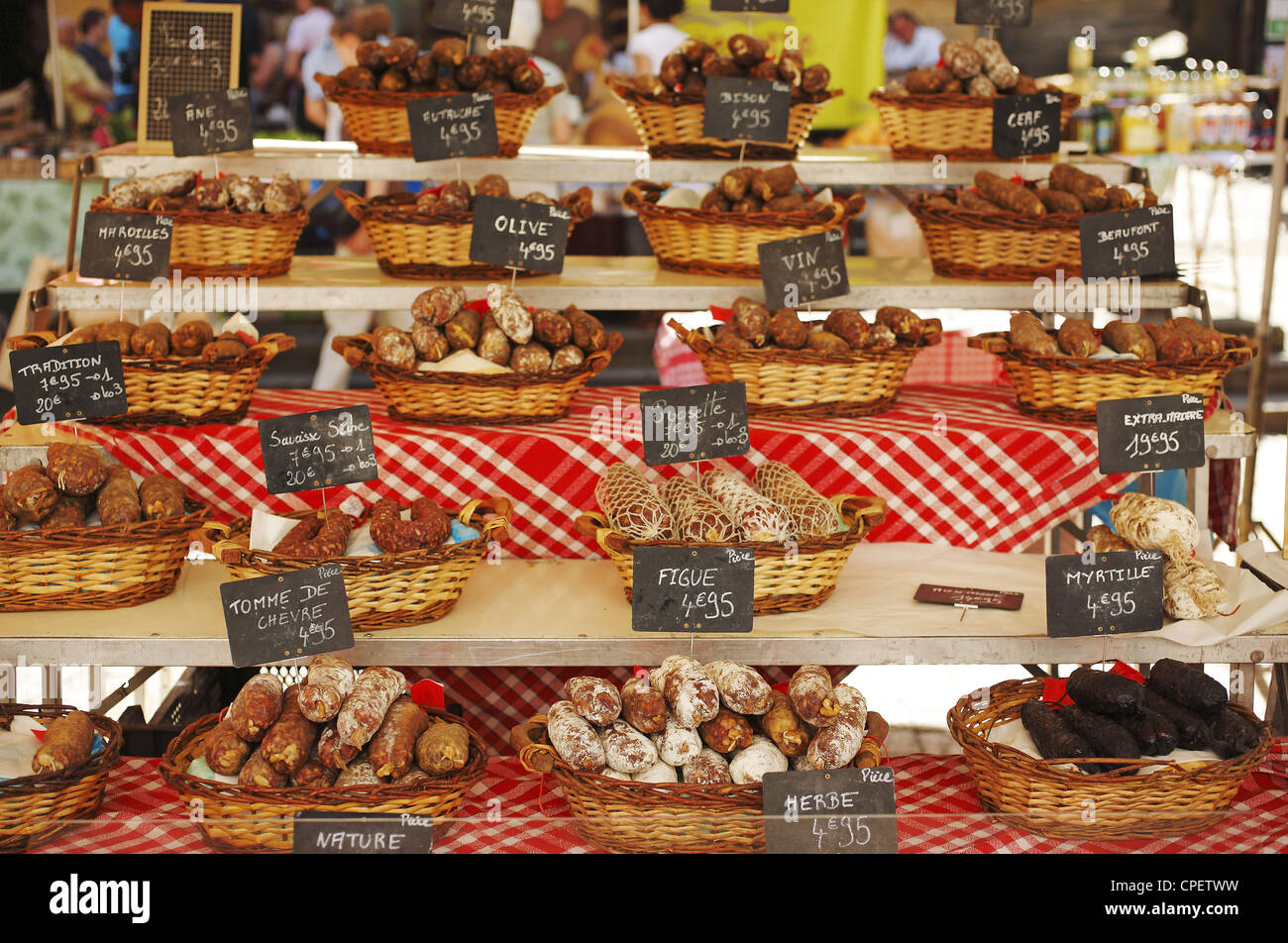 French Dry Sausages (Saucisson), store selection in Sarlat, Dordogne
