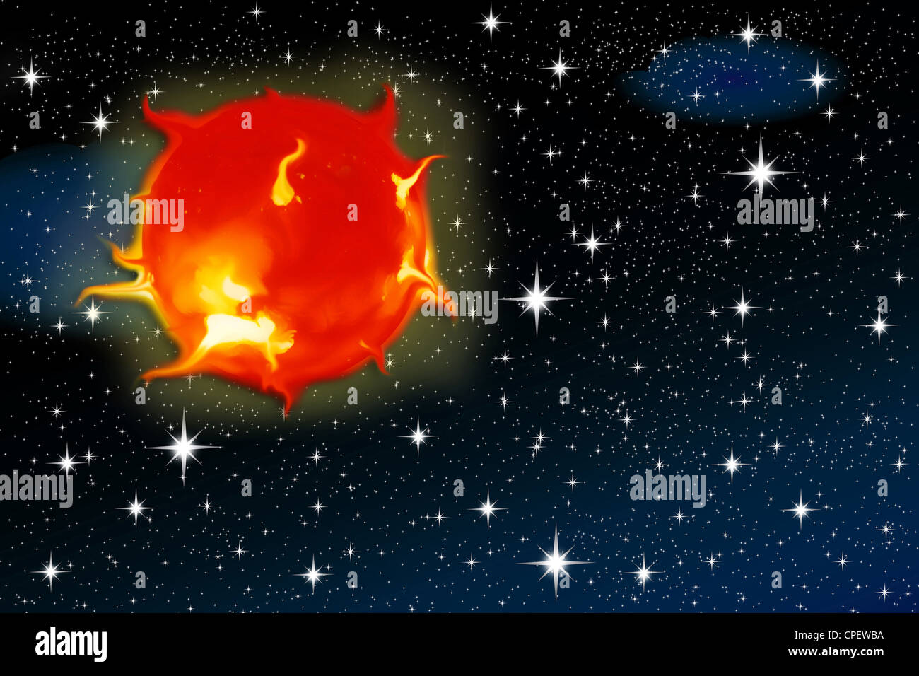 solar flares of the sun against a backdrop of stars for air space Stock Photo