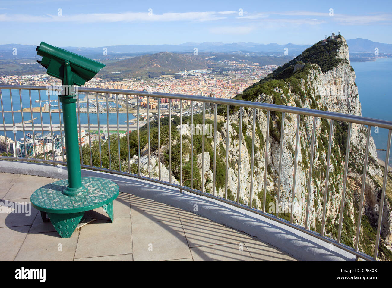 Gibraltar rock vantage point on southern Iberian Peninsula, La Linea city in Spain at the far end. Stock Photo