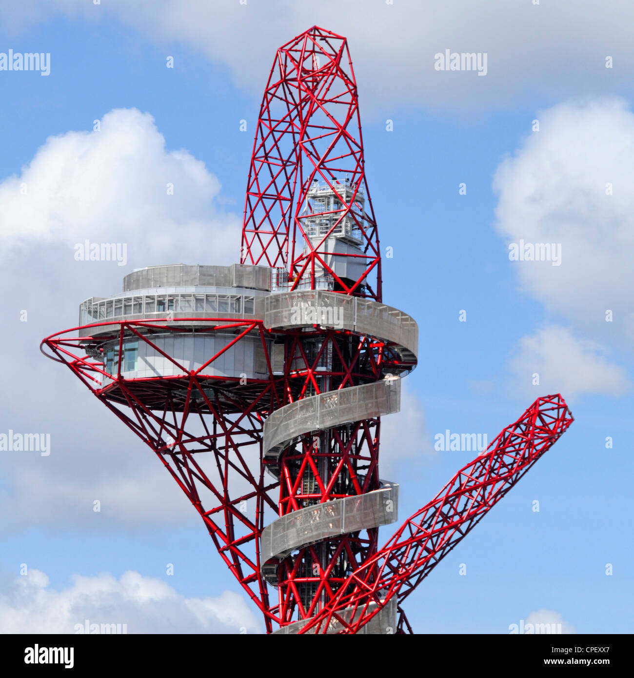 Close up of Public Art sculpture known as Arcelormittal Orbit Tower & observation deck for Olympic park London 2012 Olympics Stratford East London UK Stock Photo