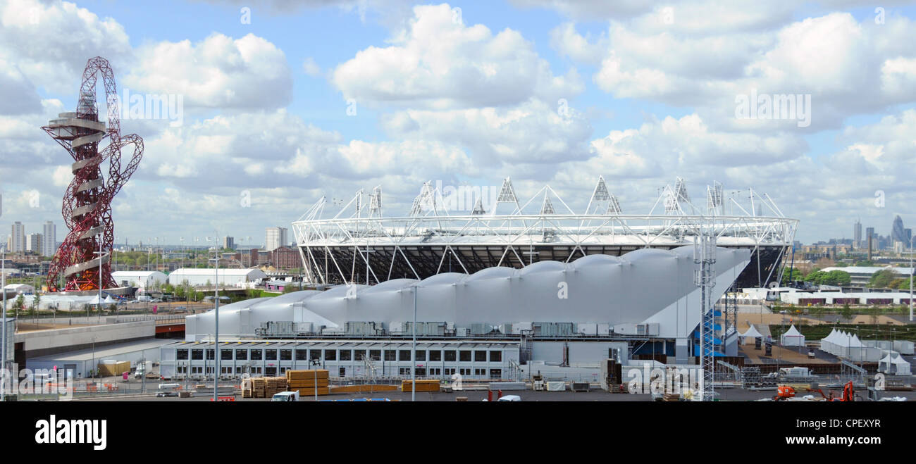 View looking down from above Olympic Park water polo venue located front & main London 2012 sport stadiums beyond at Stratford East London England UK Stock Photo