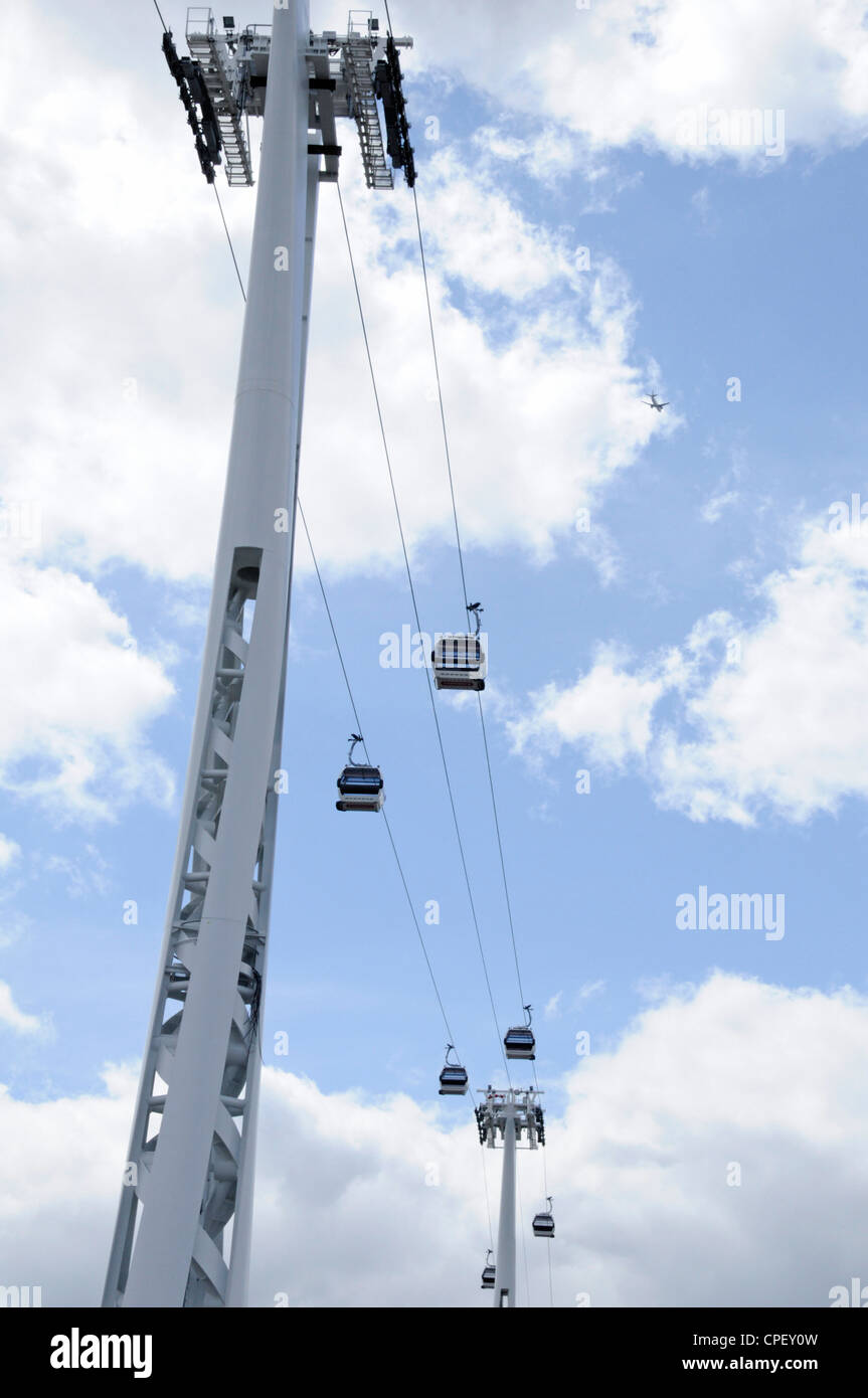 Emirates Air Line cable car gondolas passing between two support pylon towers Stock Photo Alamy