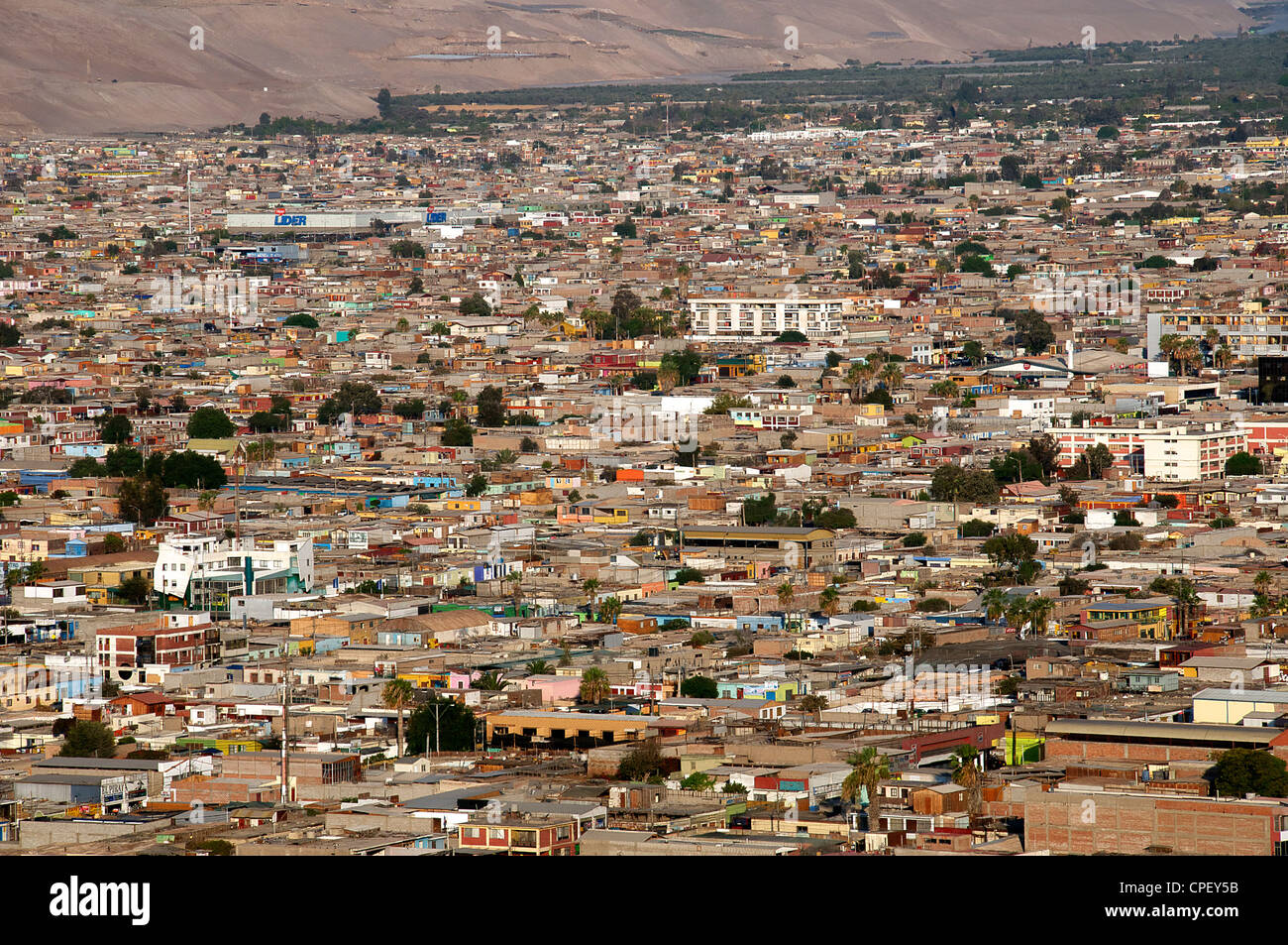 Birds-eye panoramic view of city suburbs Arica Chile Stock Photo